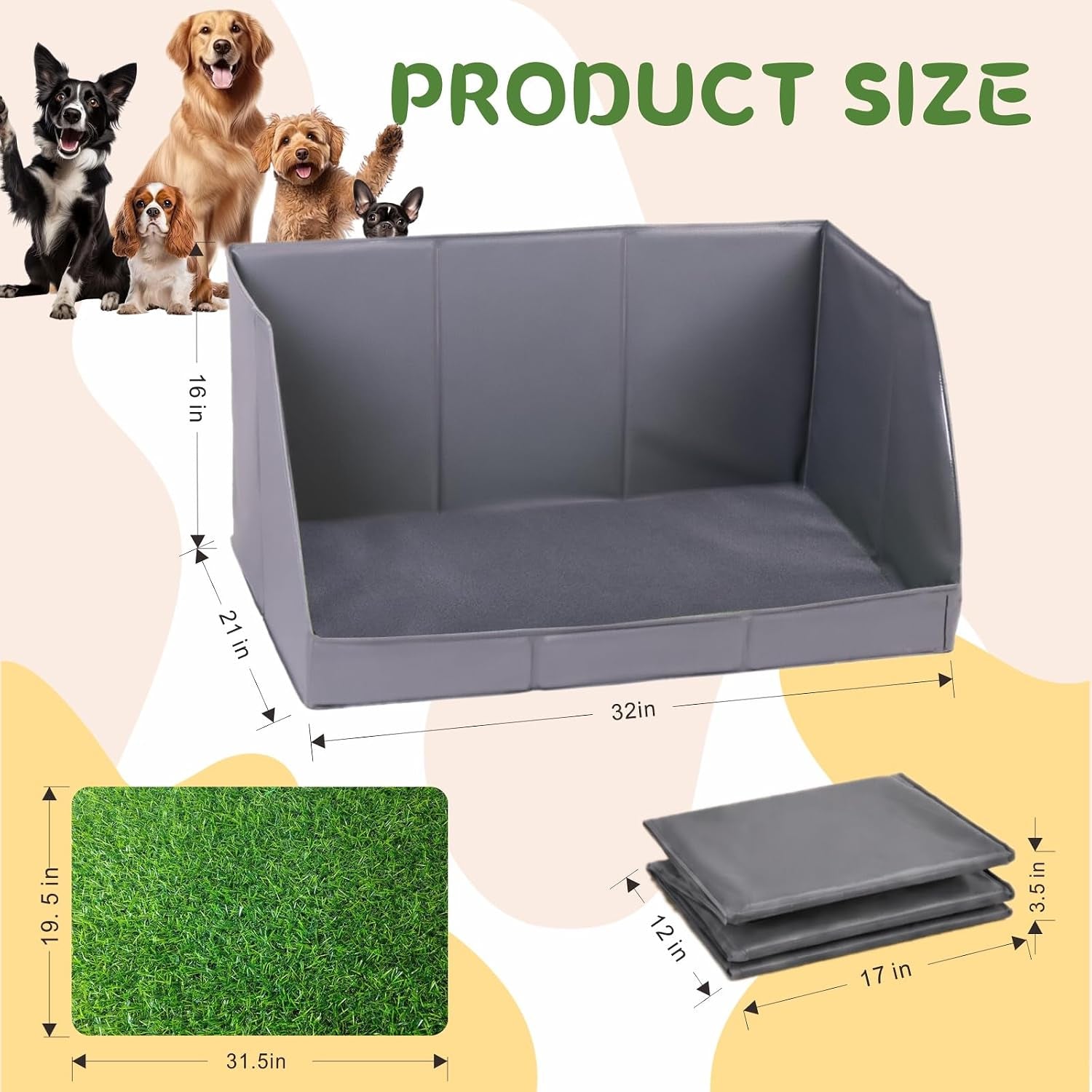 Dog Potty Tray with High Walls and Artificial Grass, 32" X 21"X 16"Foldable Indoor Dog Toilet,Waterproof Dog Pee Pad Holder with Leakproof Liner, Portable Pet Litter Box for Small Medium Dogs