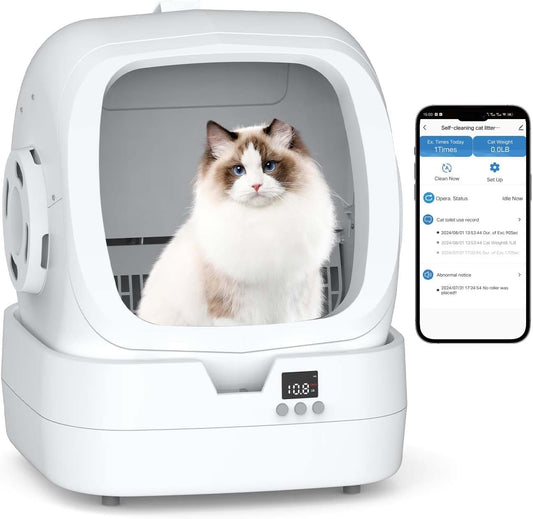 Mintakawa Automatic Cat Litter Box Self Cleaning - APP Control and Weight Monitoring - Ultra-Quiet, Suitable for Medium Cats and Kittens, Safe Anti-Pinch Litter Box (Assembly Required) - White