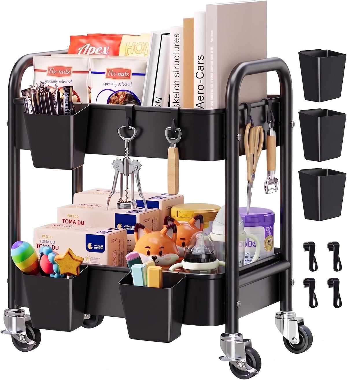 2 Tier Small Rolling Cart Metal with Wheels, Black under Desk Storage Carts
