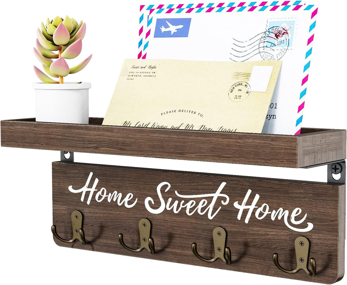Buways Key Holder Wall Mount with 8 Hooks and Cozy Home Sign (Brown)