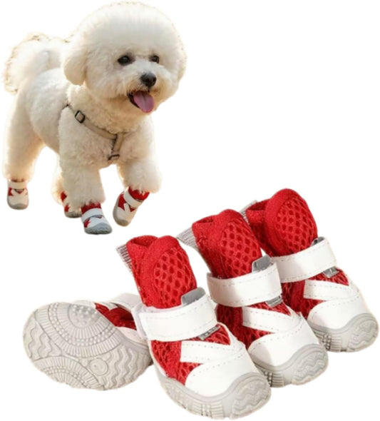 Dog Shoes for Small Dogs, Hot Pavement Summer Puppy Dog Boots & Paw Protectors with Soft Anti-Slip Rubber Sole, Mesh Breathable Dog Booties for Hardfloors, Walking Running 4 Pack (Red, 4)