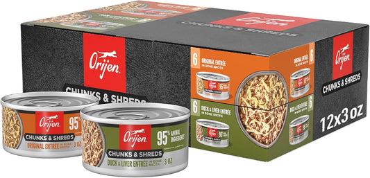 ORIJEN Chunks & Shreds Wet Cat Food Variety Pack: Original + Duck & Liver Recipes 3Oz Cans (12 Count, 6 of Each)