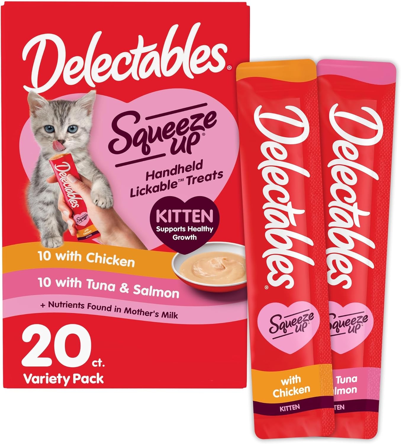 Delectables Squeeze up Kitten Variety Pack, Creamy Squeezable Puree, Lickable Wet Cat Treats, Grain Free, No Added Fillers, No By-Products, No Added Preservatives, 0.5 Ounces Tube, 20 Tubes Total