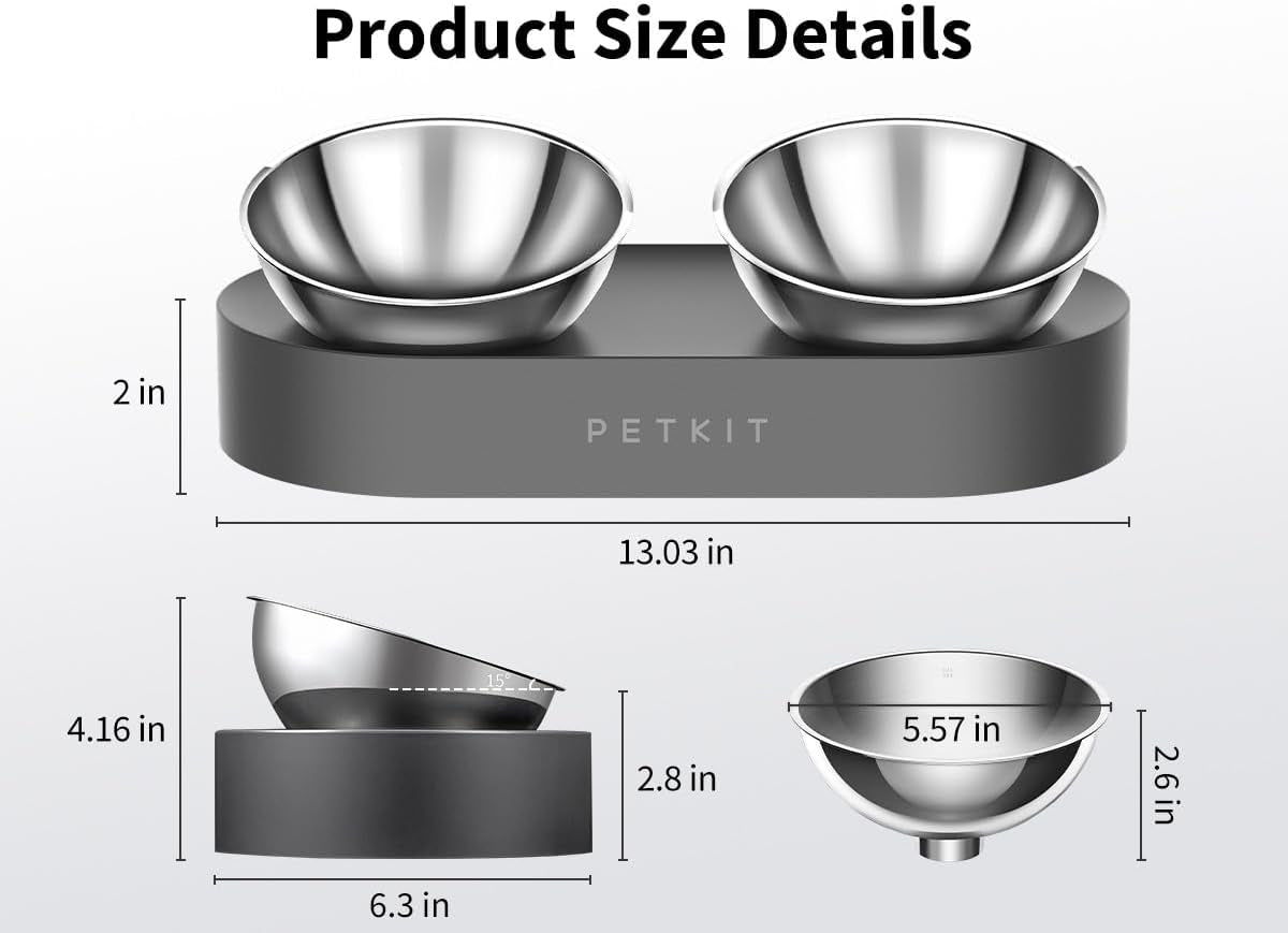 PETKIT 304 Stainless Steel Elevated Cat Bowls&Dog Bowls,Raised Cat Food and Water Bowl Set, Non-Slip, anti Vomiting 15°Tilted Cat Small Animal Plate