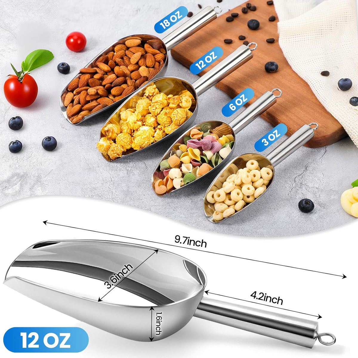OLESBUR 12Oz Stainless Steel Ice Scoop for Freezer – Dishwasher Safe Metal Scooper with Long Handle for Ice Machines, Buckets, Dog Food, Flour, and Canisters – Ideal for Bar, Parties & Weddings