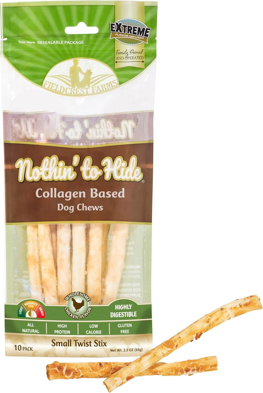 Fieldcrest Farms Nothin' to Hide Twist Stix, Chicken Flavor, Easily Digestible, Supports Skin, Coat, Joints & Muscles, for Moderate Chewers under 15Lbs, 10 Pcs