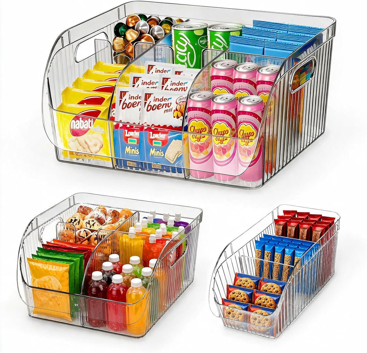 3 Pack Adjustable Dividers Storage Bins, Clear Pantry Organizers Boxes Set