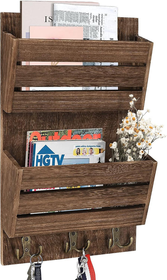 Unistyle Mail Organizer with 4 Hooks, Rustic Brown Wall Mount, Cedar Wood Key Holder for Letters, Magazines, Keys, Dog Leashes