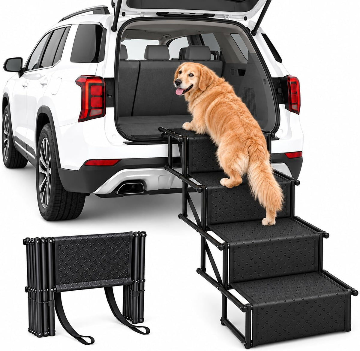 Race&Herd 4-Step Folding Dog Stairs for Car, SUV & Truck (Onyx)