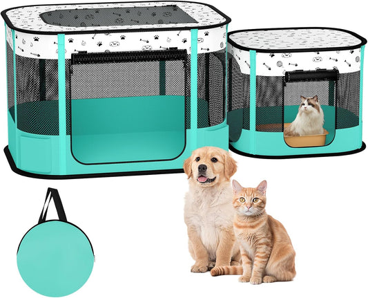 Portable Cat Playpen, 8-Rod Reinforced Kitten Dog Playpens, Foldable Play Pen for Indoor Cats Enclosed Pet Puppy Doggy Outdoor, Collapsible Tent Kennel Cage House(32"X24"X22")