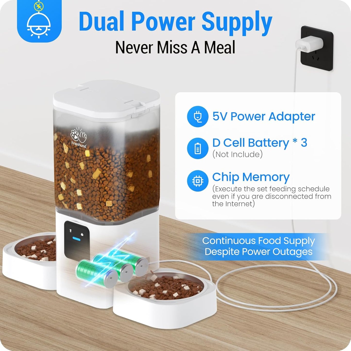 Frienhund Automatic Cat Feeder 2 Cats with Slow Feed: Dual Automatic Dog Feeder with 5G Wifi, Cat Food Dispenser with APP Control for Multiple Pets, Detachable for Easy Clean, Double Pet Bowl - 29 Cup
