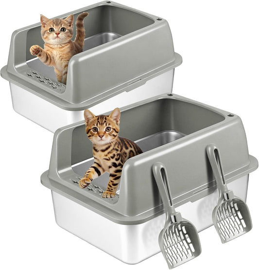 Kirecoo 2 Pack Medium Semi-Enclosed Stainless Steel Cat Litter Box with Lid