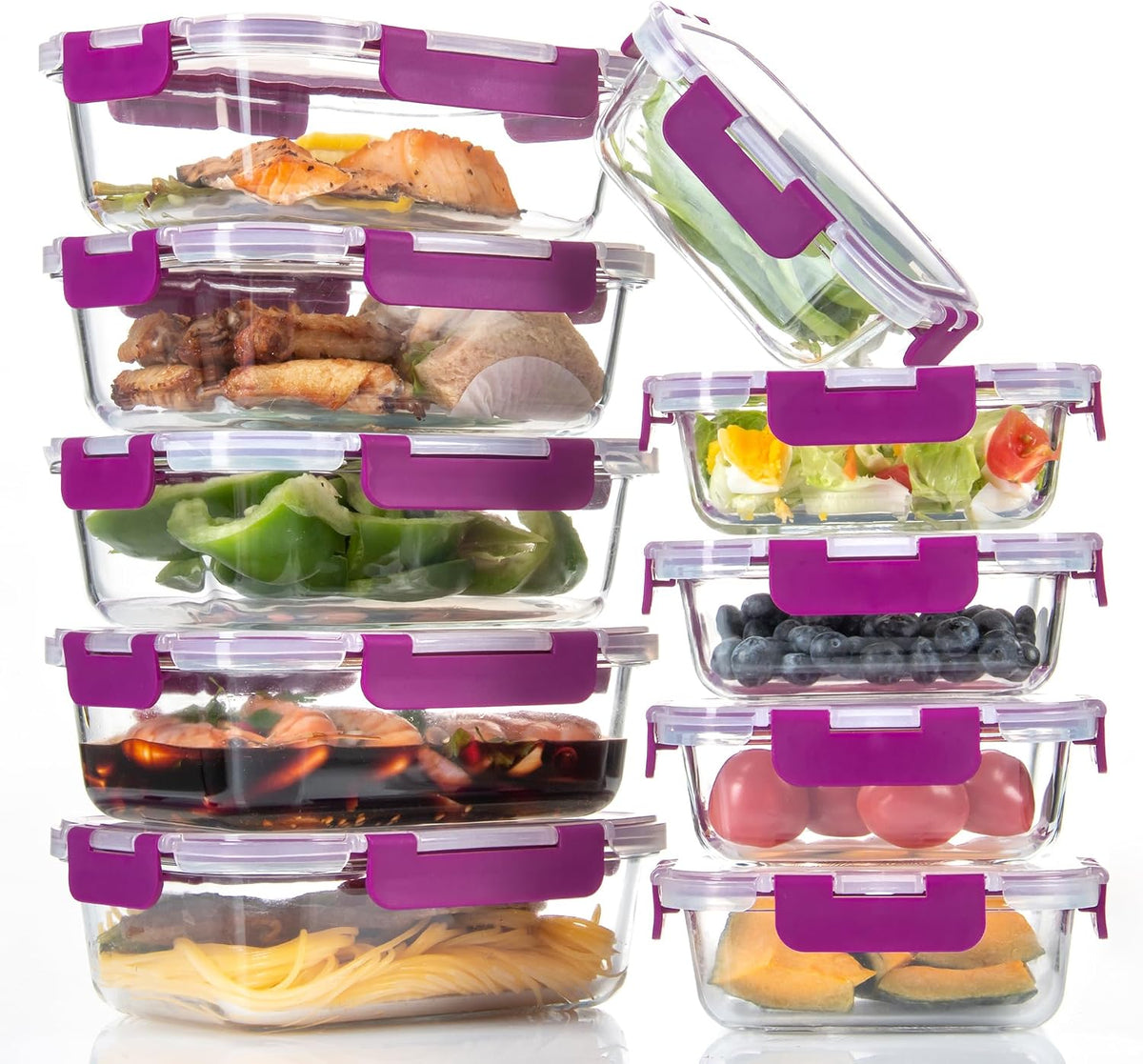 C CREST 10 Pack Meal Prep Glass Containers with Locking Lids - 5X 32Oz + 5X 12Oz - Ideal for Food Storage