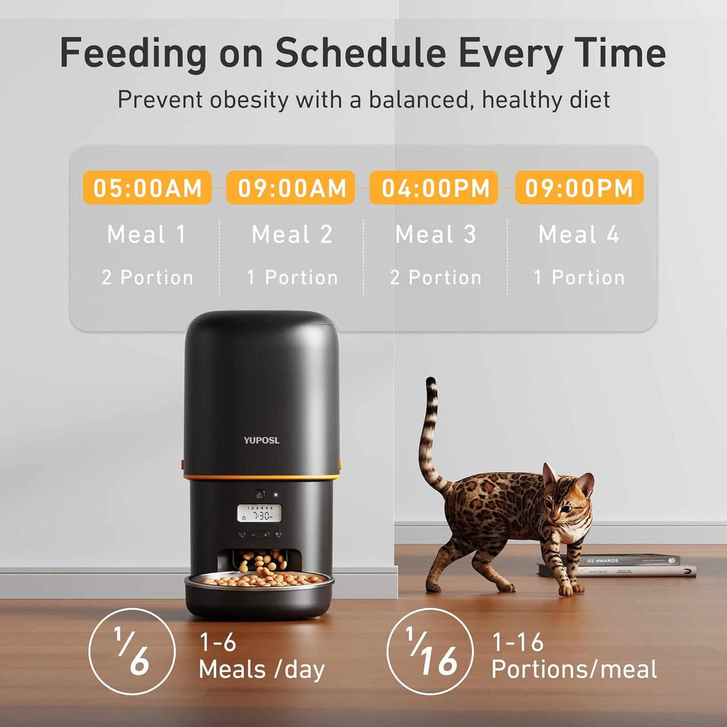 Automatic Cat Feeder, 4L Cat Food Dispenser with Anti-Jam Design, over 180-Day Battery Life, 1-6 Meals per Day with Stainless Steel Cat Bowl, Keep Dry Food Fresh, Timed Pet Feeder Also for Small Dog
