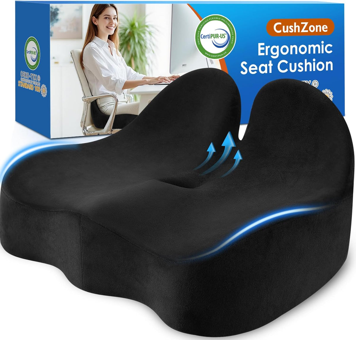 Cushzone Ergonomic Seat Cushion, Sciatica Support for Office Chair, Black