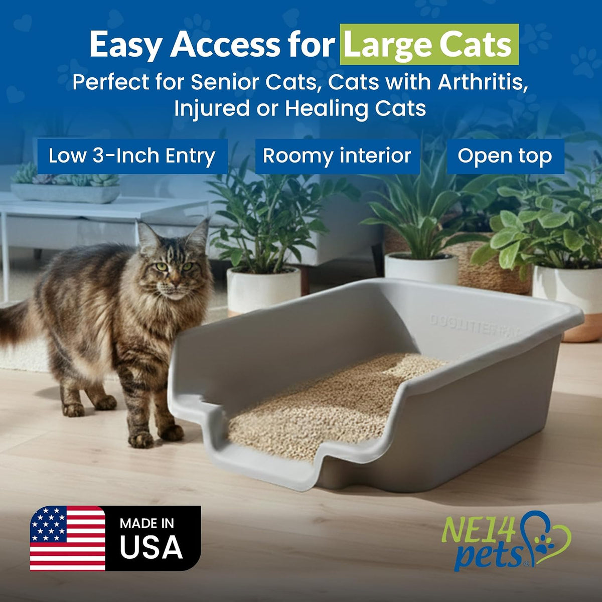 Kittygohere Senior Cat Litter Box Jumbo Low Entry Open Top, Misty Gray