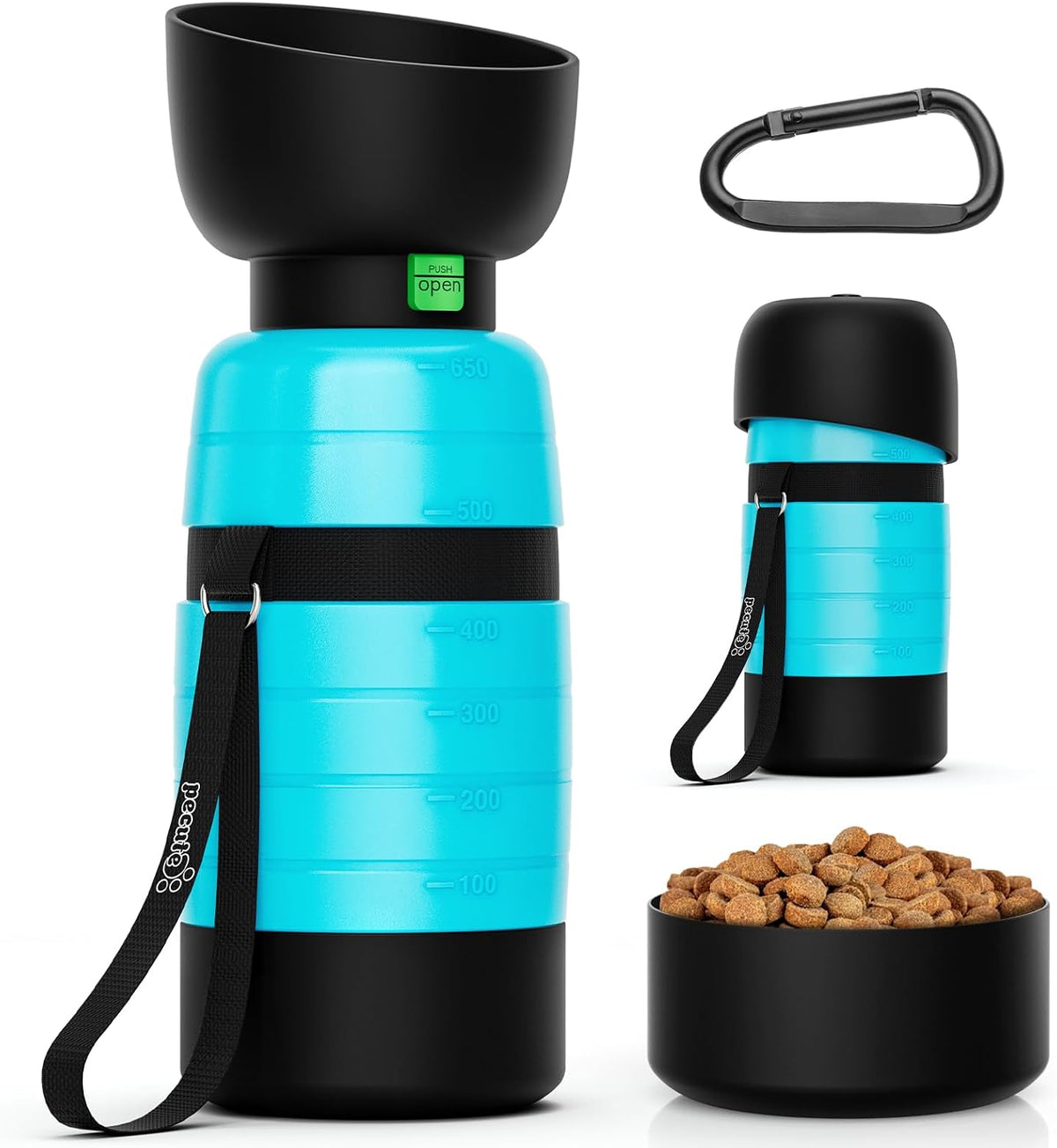 Pecute Upgraded 22 Oz Dog Water Bottle with 5 Oz Food Container, Portable Dog Travel Water Bottle Dispenser, Leakproof, BPA Free, Lightweight, Pet Water Bottle Bowl for Outdoor Walking Hiking Camping