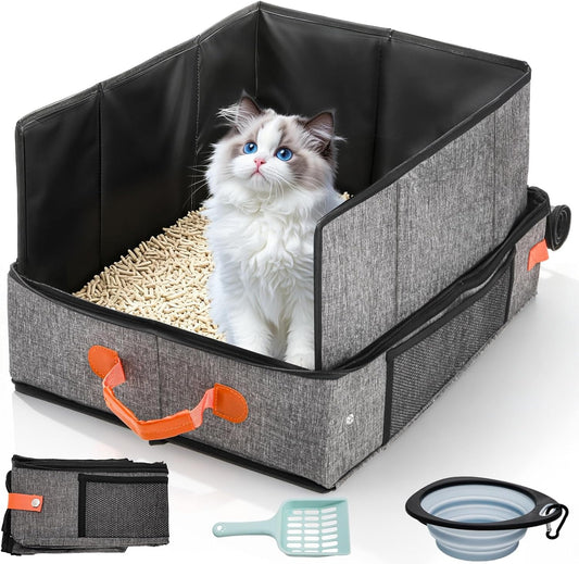 Pumtus Portable Cat Travel Litter Box, 19.7" X 15.7" X 11.8" Foldable Kitten Litter Case with Lid & Scoop & Bowl, Reusable Cats Travel Emergency Box, Leakproof No Smell Cat Essential for Car Hotel