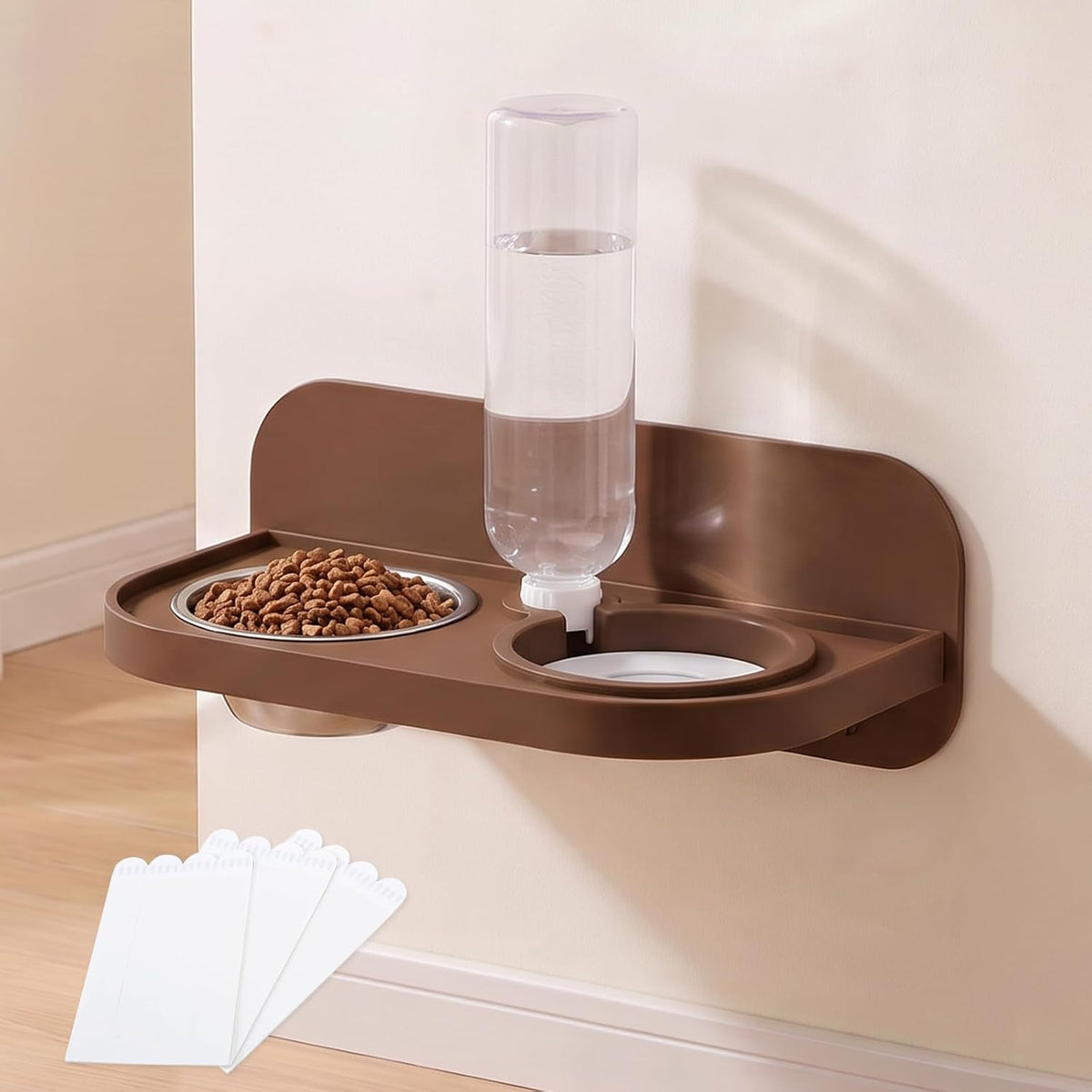 Dog Cat Food Water Bowls Wall Mount Dish Bowl Feeder, Auto Refill Water Dispenser Stainless Steel Feeding Kit for Kittens Tiny Puppies Rabbit, Brown