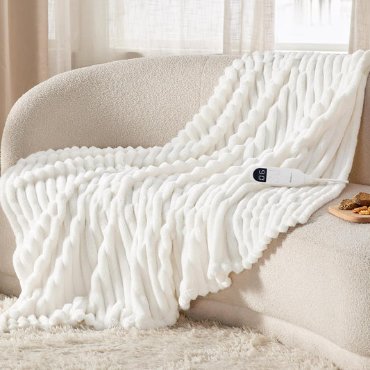 Bedsure Heated Blanket Electric Throw - Thick Striped Fast Heating Electric Blanket with Preheat Function, 6 Heat & 6 Timer (Up to 10H), 8H Auto Off, ETL Certified, Gifts for Women (50"X60", White)