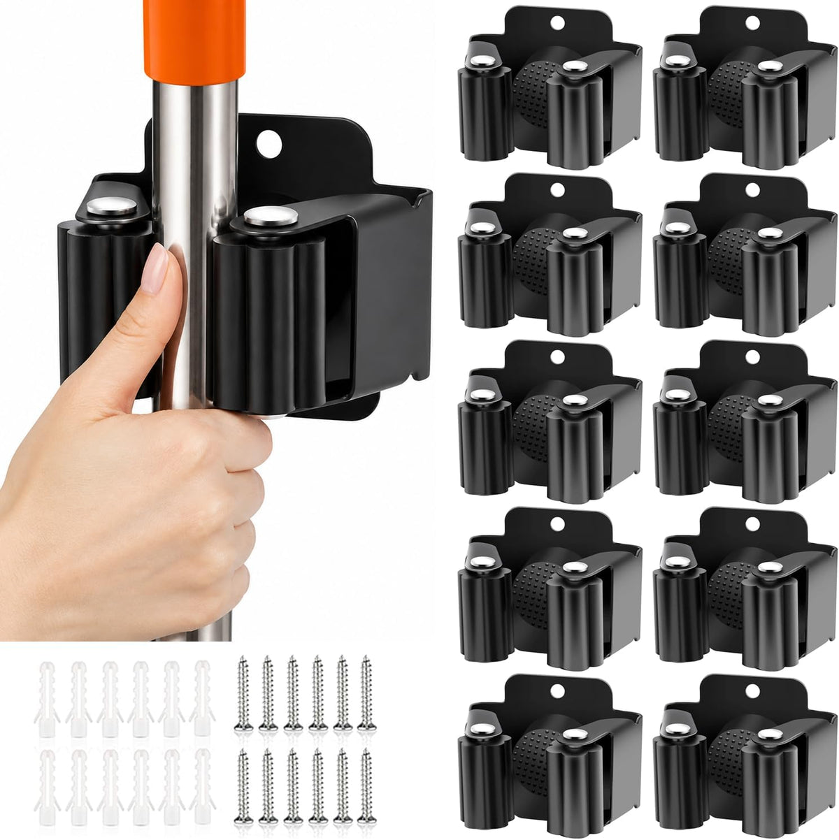 Verdenu 10 Pack Broom Holder Wall Mount, Mop Holder Wall Mounted, Stainless Steel Command Broom Holder with Screws, Garden Tool Rack Wall Mount for Kitchen, Home, Bathroom, Garage Storage, Black