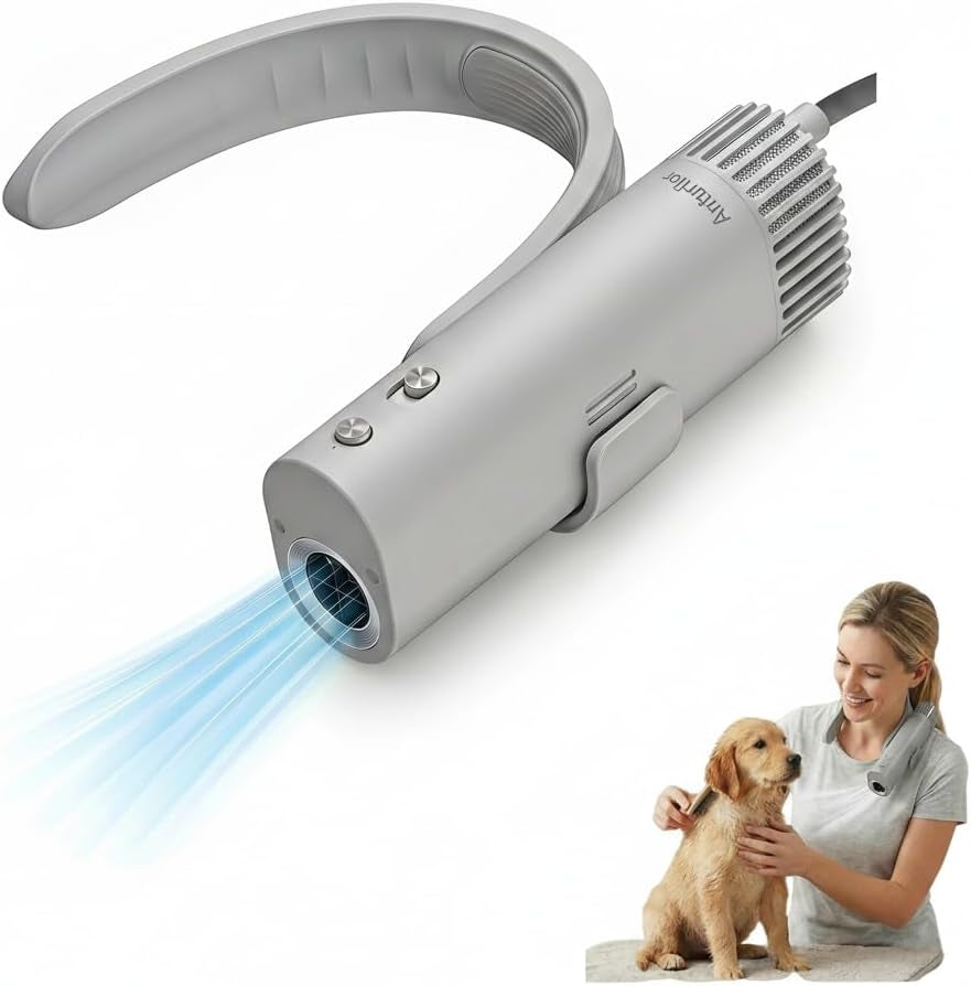 Hands Free Neck Hanging Pet Dryer, Portable Compact Dog Blow Dryer for Dogs Cats, Lightweight Low Noise Grooming Dryer with Adjustable Speed & Temperature