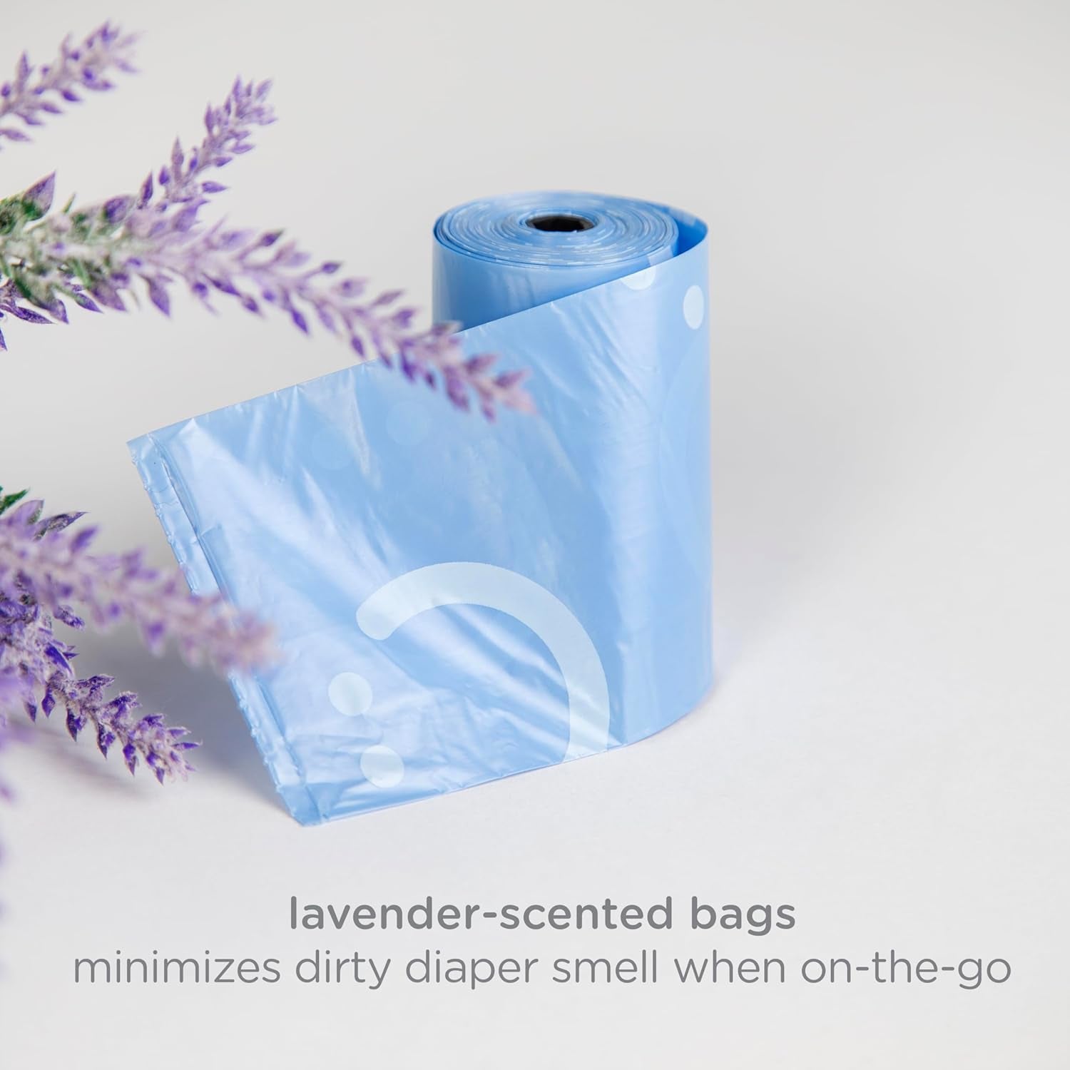 Ubbi Retractable Bag Dispenser for Diaper Bag Value Set, Gray | Portable Bag Holder for Travel, Clips to Stroller or Diaper Bag, Newborn Baby Essentials, Includes 60 Lavender Scented Bags