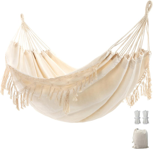 Double Boho Macrame Hammock with Elegant Tassels for Patio, Yard, Beach Wedding Decor, Outdoor and Indoor up to 450Lbs Include Tie Ropes and Drawstring Bag