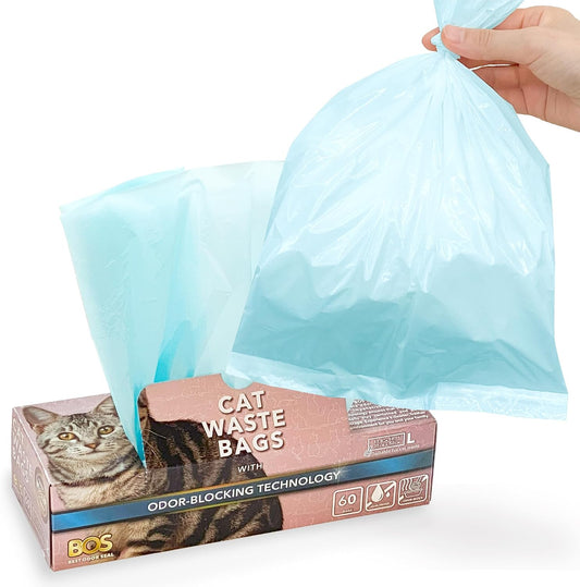 Best Odor-Sealing Cat Poop Bags, BOS for Pet Waste & Kitty Litter - Disposal Bags - Scent & Smell Free (60 Bags) [Size: L, Color: Light Blue] NOT a Litter Box Liner (Pack of 1)