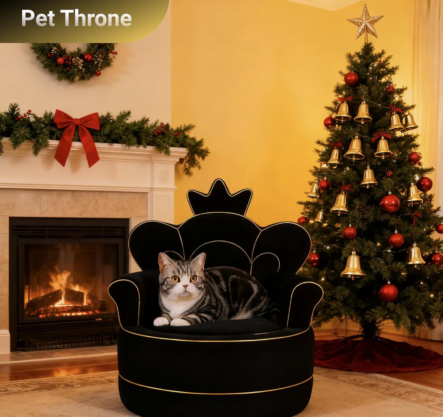 Premium Pet Sofa – Holland Velvet Dog and Cat Throne Chair, Black & Gold Design, Cozy & Soft, Scratch-Resistant & Durable, Perfect for Home Décor & Pet Lovers