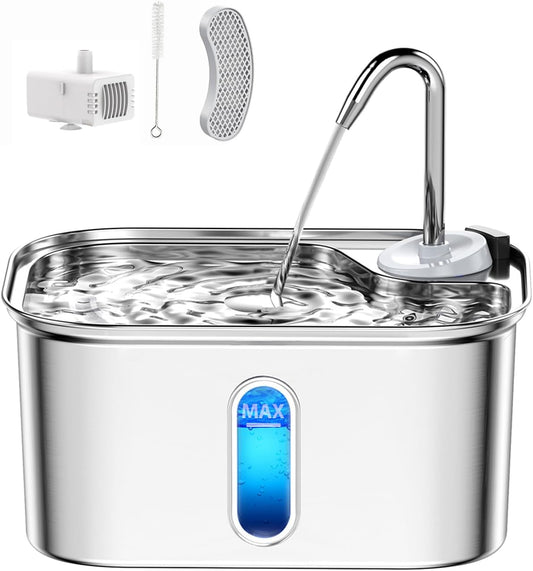 Cat Water Fountain Stainless Steel for Cats Indoor 2.5L 85Oz by Bpa-Free SUS304, Effective 6-Layer Filter Cat Fountain for Drinking 20Db Ultra Quiet & Soft Flow Metal Pet Water Fountain