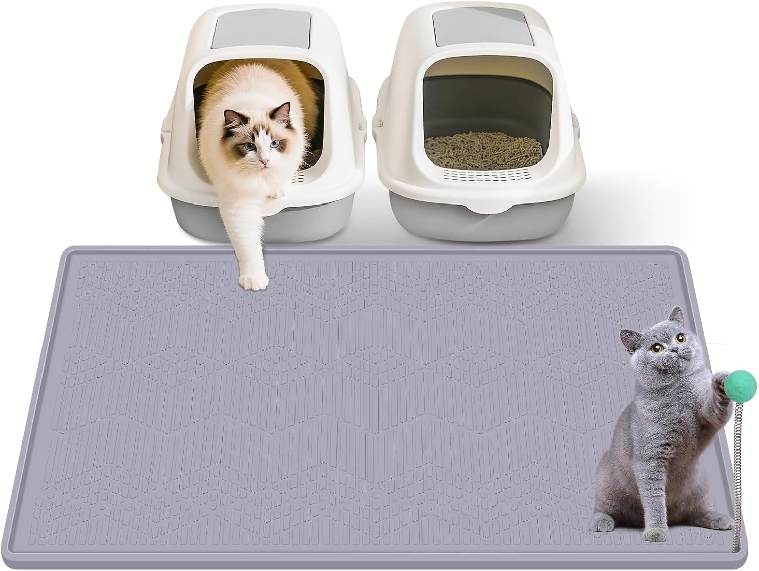 Silicone Cat Litter Mat with Toy, 38X25 Inch Large - Waterproof, Easy Clean Trapping Mat for Kitty Litter Box, Non-Slip Litter Box Mat for Hardwood Floors & Carpet Protection (Grey)