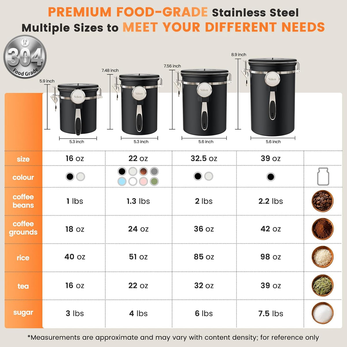 Veken Coffee Canister with Window, Airtight Stainless Steel Container, 22OZ