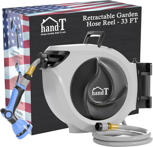 USA Based Retractable Garden Hose Reel, 1/2 in X 50 Ft Quick Connect 10-Pattern Sprayer, Wall Mounted Auto Self Retracting Water Hose Reels, UV Resistant Automatic Rewind 180° Mount | Gray