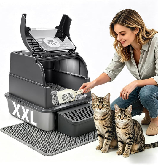 PAKEWAY XXL Enclosed Stainless Steel Cat Litter Box with Flip-Top Lid