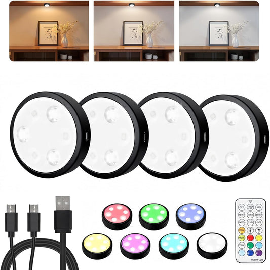 HOLKPOILOT Puck Lights with Remote, 2000Mah Battery Operated Rechargeable under Cabinet Lighting, 3 Color Temps & 7 RGB Colors, Magnetic Closet Light, Black Wireless Puck Light for Kitchen, Shelf.