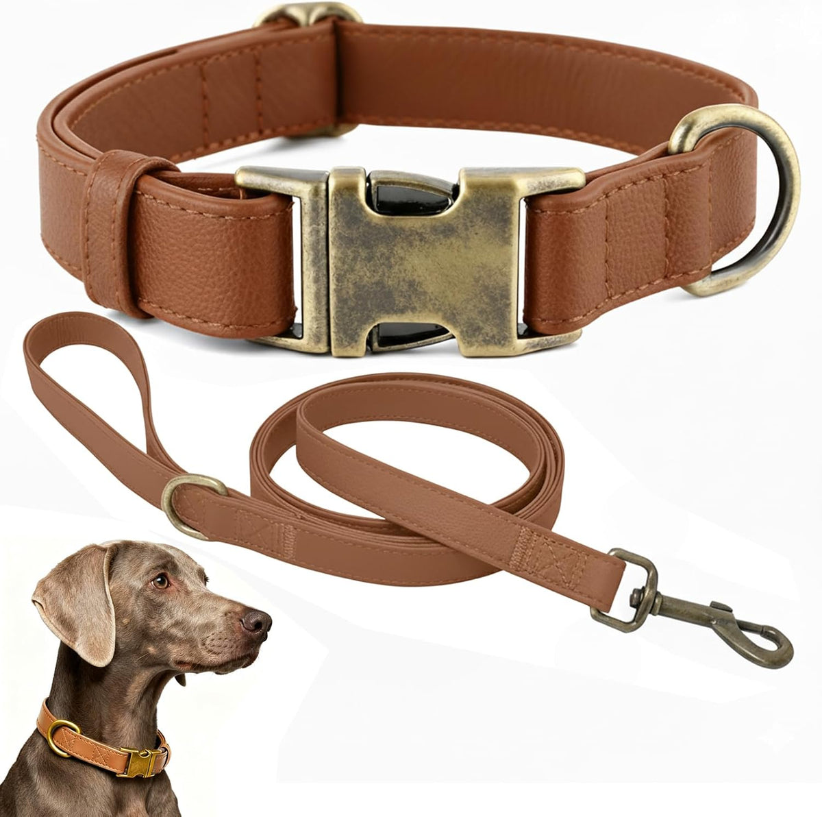 B&F Dog Collar and Leash Set,Leather Silicone Waterproof Odor-Proof Dog Collar and Leash for Large Dogs, Soft Flexible Dog Collars, Adjustable Pet Collar (Brown, Large (16-24.5" Neck))