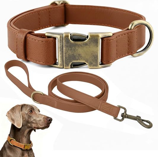 B&F Dog Collar and Leash Set,Leather Silicone Waterproof Odor-Proof Dog Collar and Leash for Large Dogs, Soft Flexible Dog Collars, Adjustable Pet Collar (Brown, Large (16-24.5" Neck))