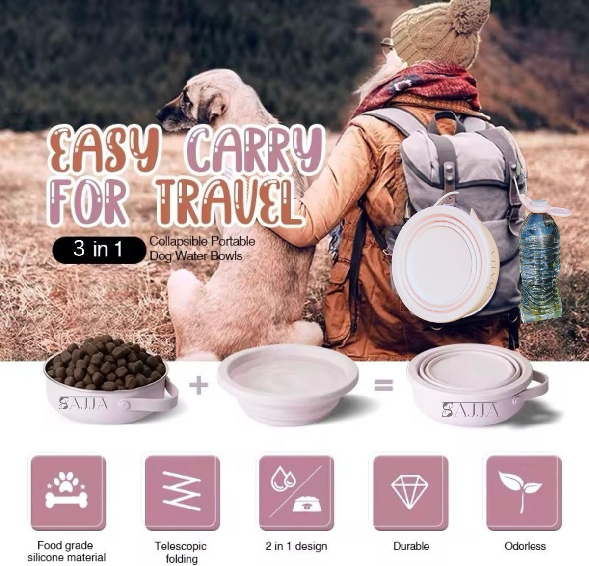 Blue Slow Feeder Travel Dog Bowl Set – 30Oz Stainless Steel + 20Oz Collapsible Silicone Dish + Silicone Slow Feeder Insert | Water Bottle Holder | Non-Slip, Anti-Choking, Bpa-Free – Claim
