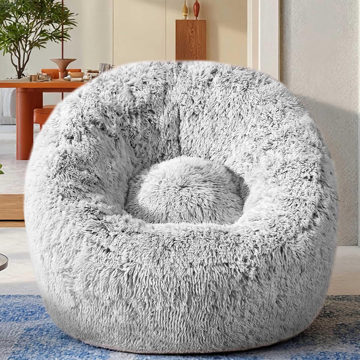 Plush Faux Fur Bean Bag Chairs, Memory Foam Filled Sofa Chair Shape Bean Bag for Adults/Teens/Kids, Ultra-Soft Lazy Sofa for Living Room Bedroom College Dorm, Grey