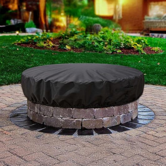 Round Fire Pit Cover 51-57 Inch 600D Heavy Duty Waterproof Weather-Resistant Outdoor Firepit Cover Black Oxford Fabric Covers for Built-In Ground Stone Fire Pits