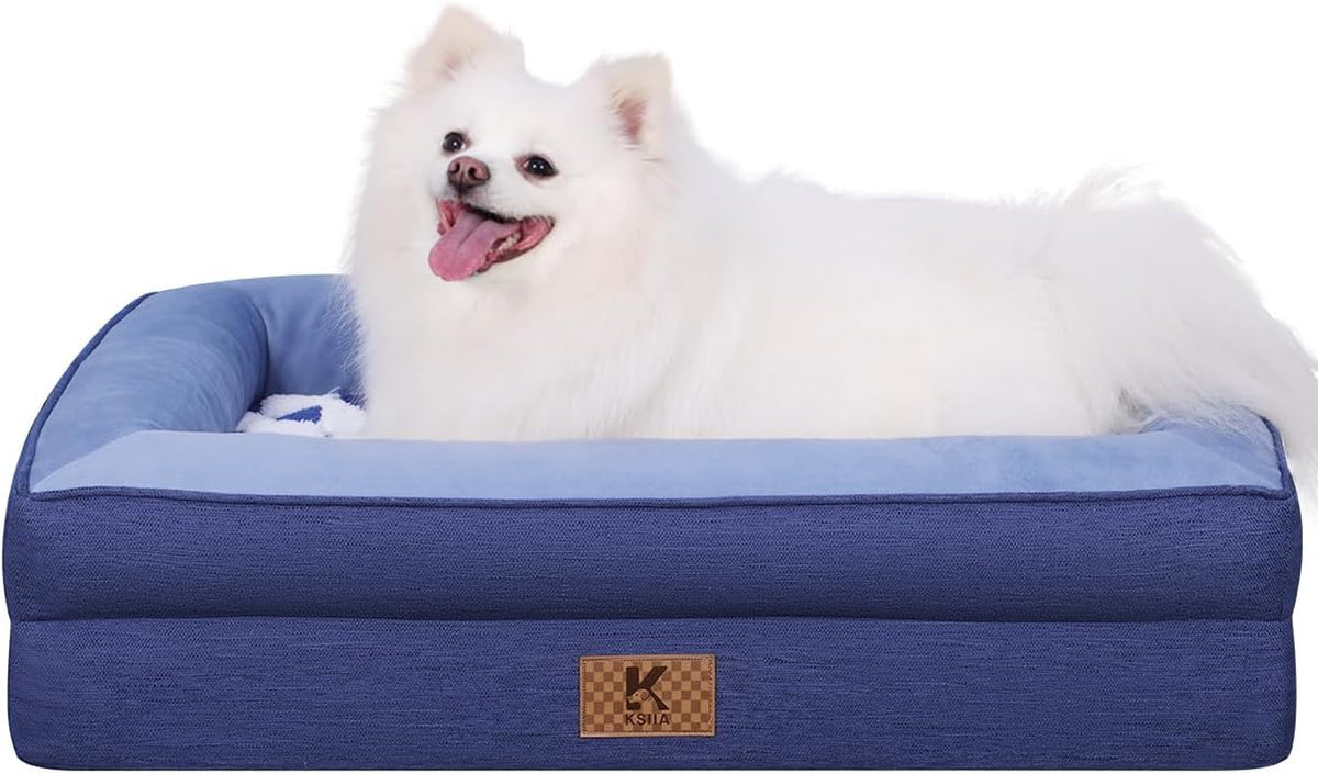 KSIIA Big Dog Bed for XL Dogs, Orthopedic Egg-Crate Memory Foam Pet Bed with Sides, Waterproof Lining and Non Slip Pet Couch with Removable Washable Cover, 44 X 32 Inch, Blue