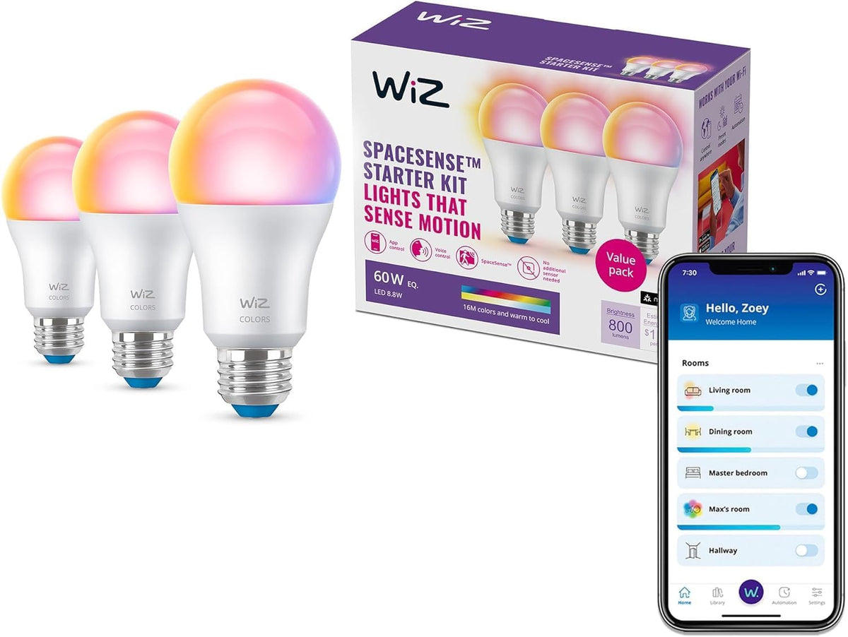 Wiz LED Smart Light Bulbs, Sunset to Sunrise Automation + Motion Detection + Control with Voice or App, Full Color A19 60W 800LM E26 Indoor, Matter Compatible - 3 Pack