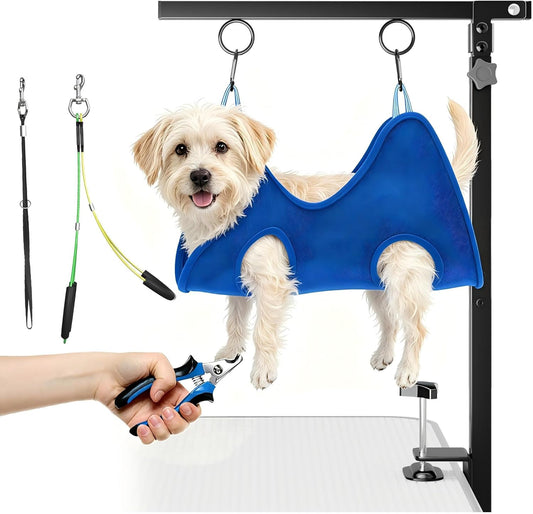 Adjustable Foldable Dog Grooming Arm with Heavy-Duty Clamp: 26" to 40" Height, Includes Safety Hammock & No-Sit Holders – Perfect Grooming Restraint for Small & Medium Dogs at Home or Salons