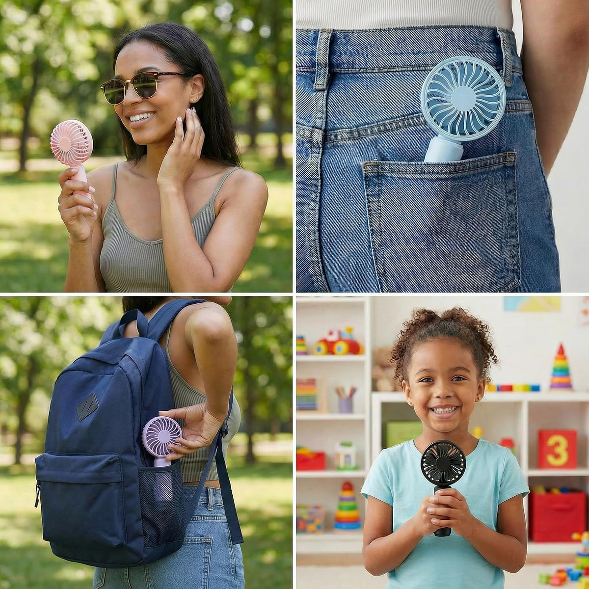 Vansmago 4 Pack Mini Handheld Fan, USB Rechargeable Portable Fan with 3 Speeds, Small Pocket Personal Fan for Travel, Theme Park, Summer Holiday Essentials, Commute and Outdoors