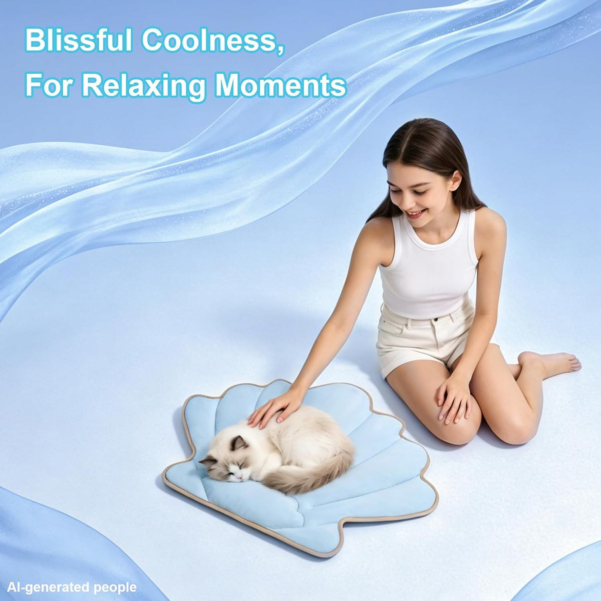 27" X 20" Sea Shell Cat Cooling Mat, Ocean Pet Cooling Mat Blanket for Indoor Cats, Coastal Washable Pet Pad for Couches Bed, Floor, Sofa 1 Pack (Blue & Beige)