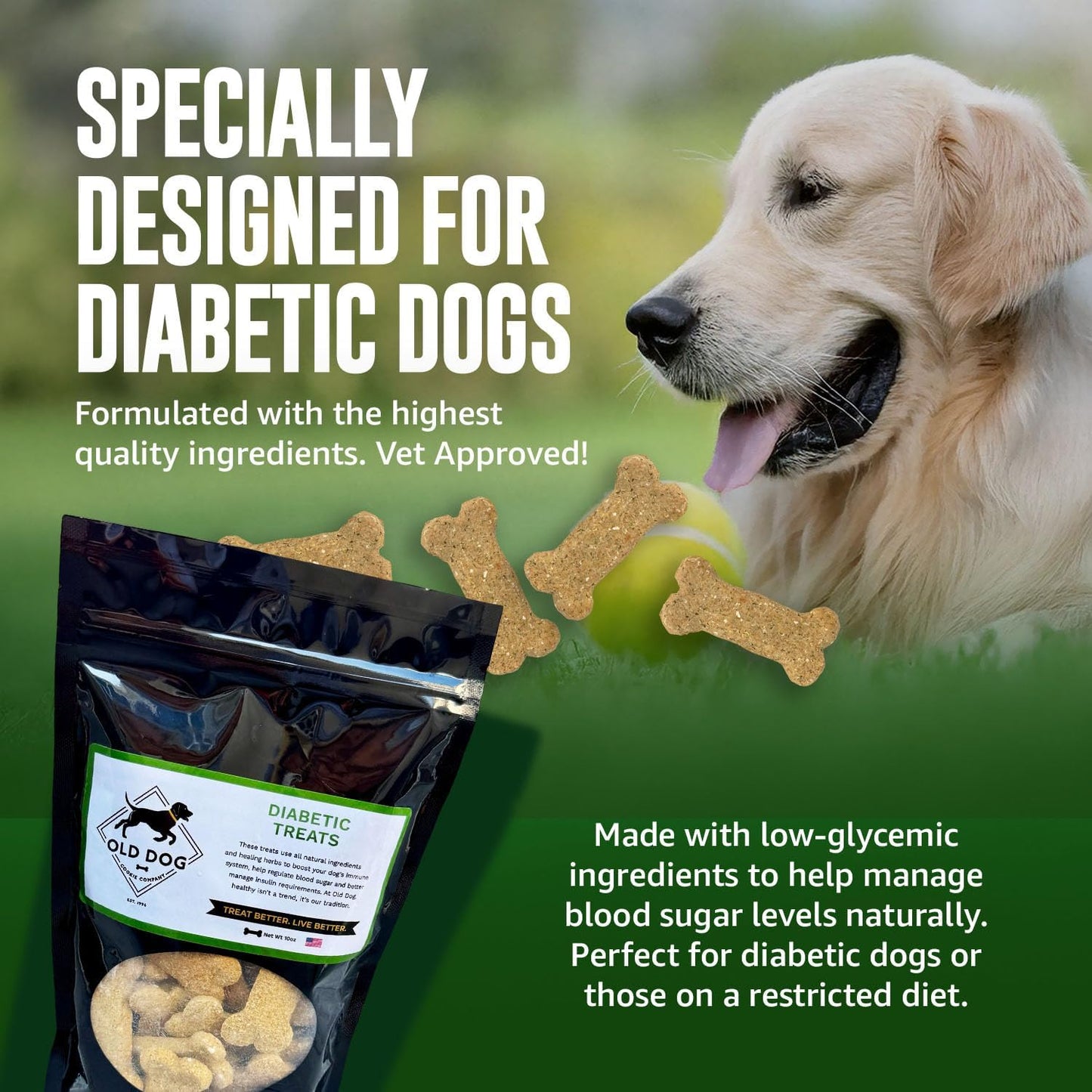Old Dog Cookie Company All Natural Diabetic Dog Treats – Vet Approved Dog Snacks | Best Healthy Chews for Dogs, Top Treat for Dogs | Low Glycemic, Supports Healthy Blood Sugar | 10 Oz