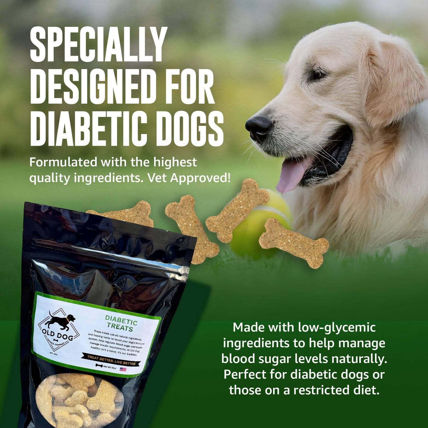 Old Dog Cookie Company All Natural Diabetic Dog Treats – Vet Approved Dog Snacks | Best Healthy Chews for Dogs, Top Treat for Dogs | Low Glycemic, Supports Healthy Blood Sugar | 10 Oz