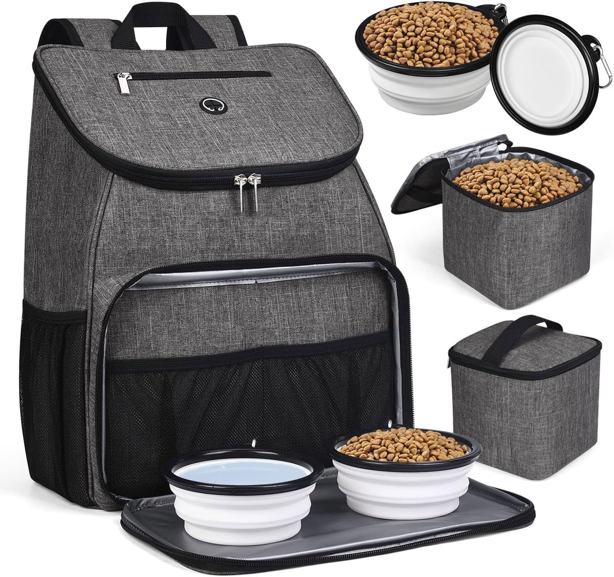 Baglher丨Dog Travel Bag, Airline Approved Pet Supplies Backpack, Dog Travel Backpack Accessories Set with 2 Silicone Collapsible Bowls and 2 Food Baskets. Black