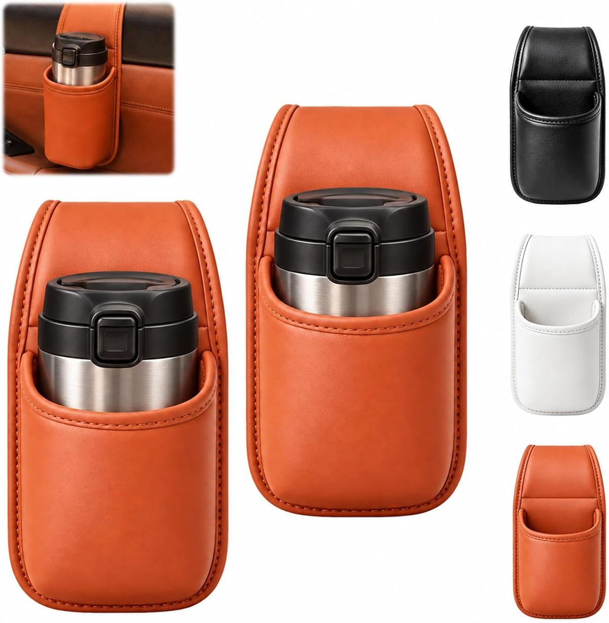 2Pcs Leather Car Door Cup Holder for Window,Multifunctional Car Door-Mounted Bracket,Rear Seat Hanging Cup Holder,Wide Opening Design,Can Be Placed in Coffee,Beverages and Mobile Phones(Orange)